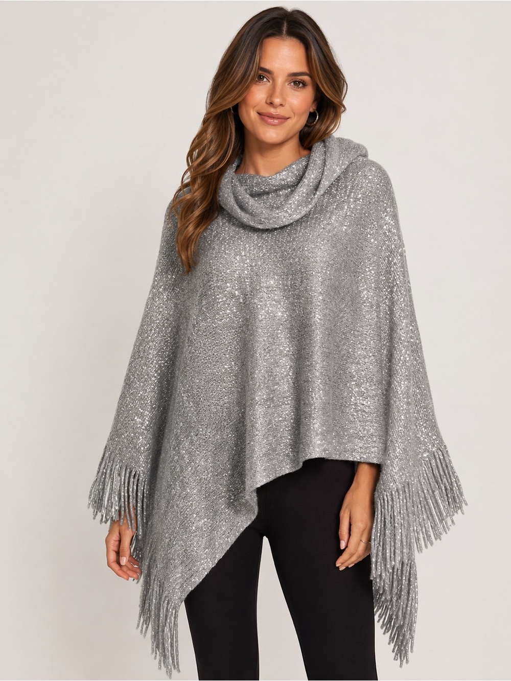 Silvery gray metallic poncho with fringe bottom OSFA